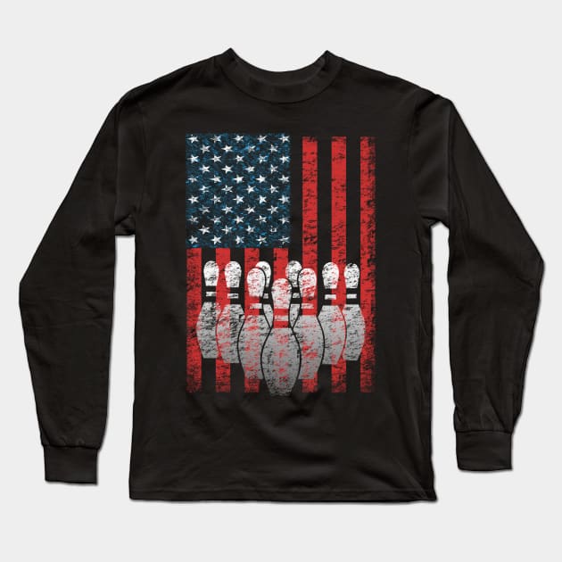 Vintage American Flag Bowling Pin Classic Bowler T-shirt Long Sleeve T-Shirt by TeeCreations